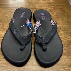 Flojos Black Sandals with Purple Logo and Multicolor Woven Trim